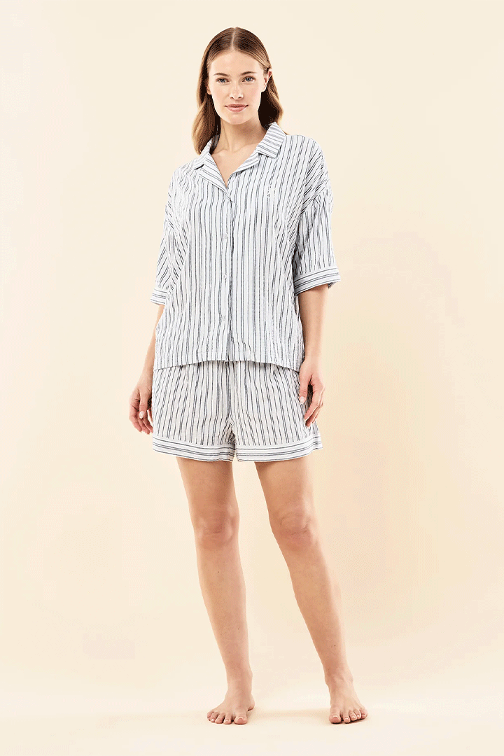 Karen Walker Seersucker Stripe Boxer PJ Sky Blue