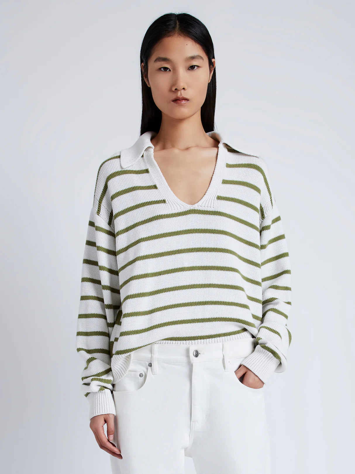 Stripe Murphy Sweater in Cotton Cashmere - Chalk/Willow