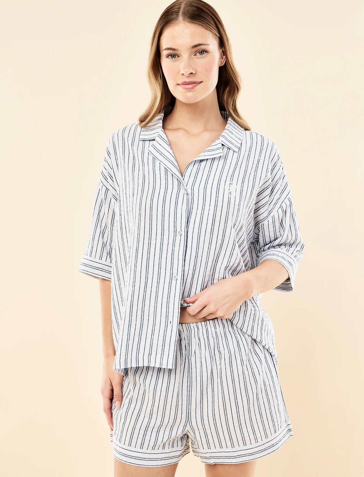 Karen Walker Seersucker Stripe Boxer PJ Sky Blue