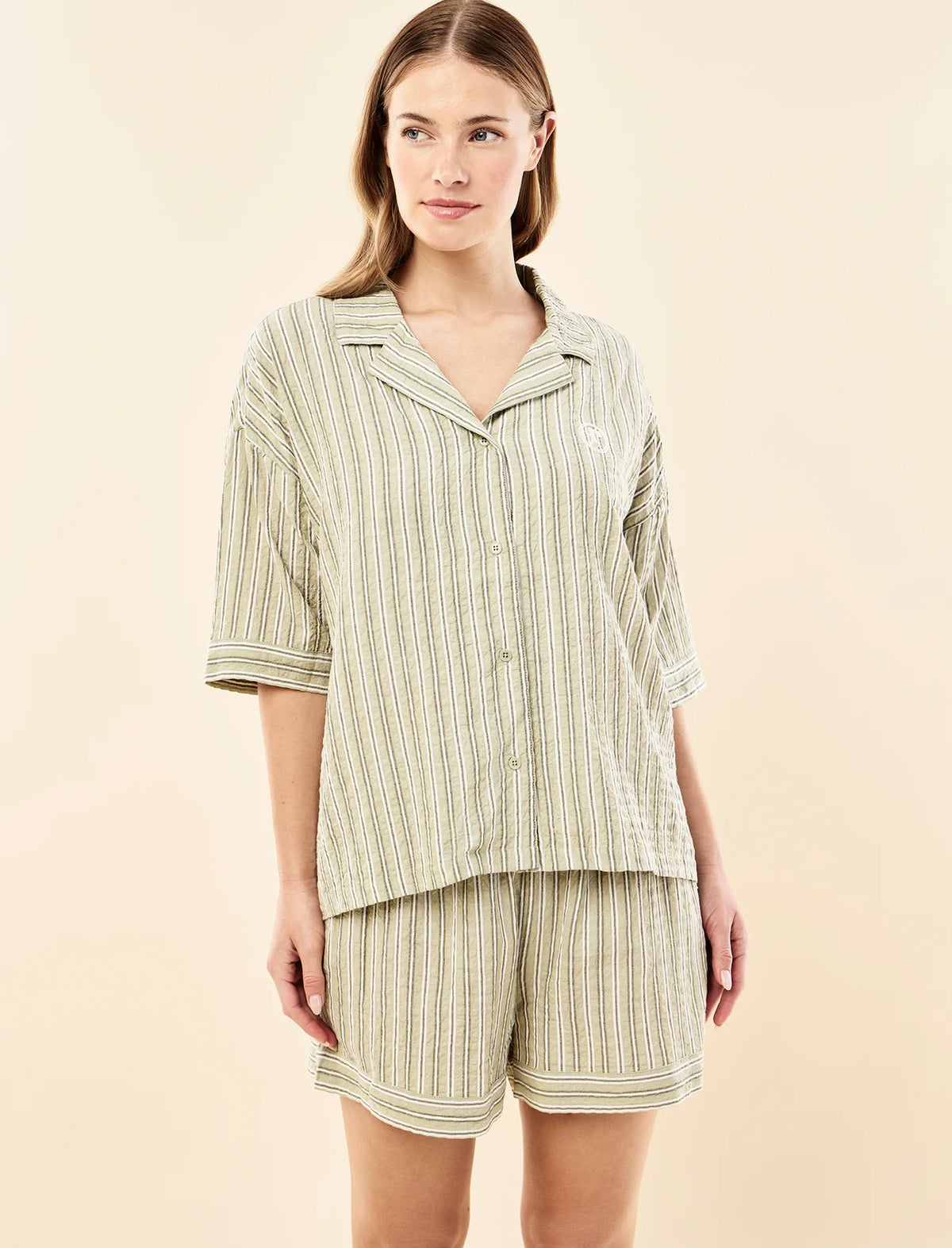 Karen Walker Seersucker Stripe Boxer PJ  Olive