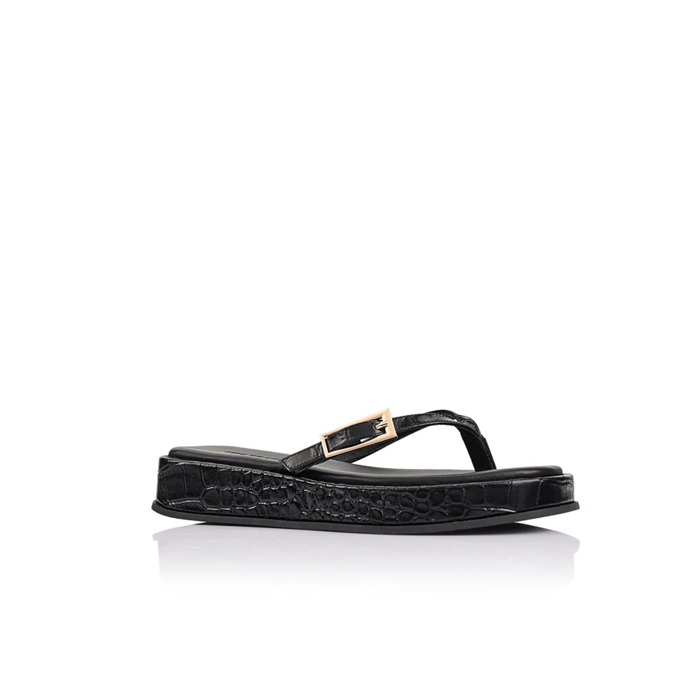 Josie Sandal Black Croc-Embossed Leather