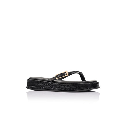 Josie Sandal Black Croc-Embossed Leather