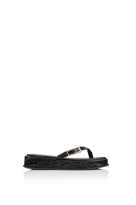 Josie Sandal Black Croc-Embossed Leather