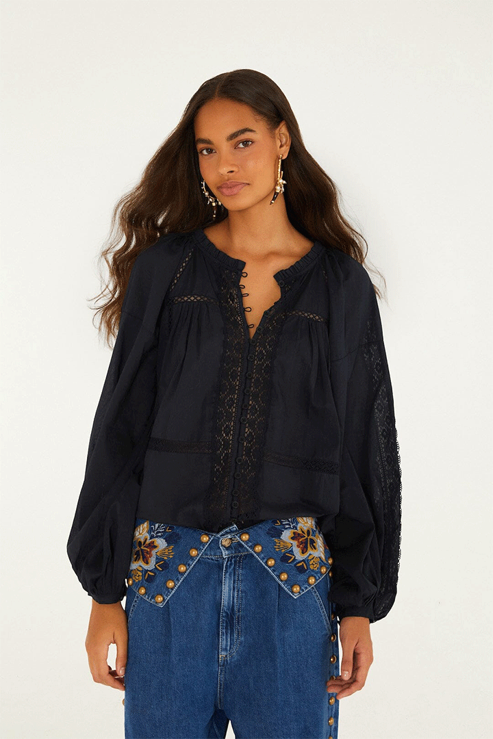 Boho Lace Long Sleeve Blouse Black
