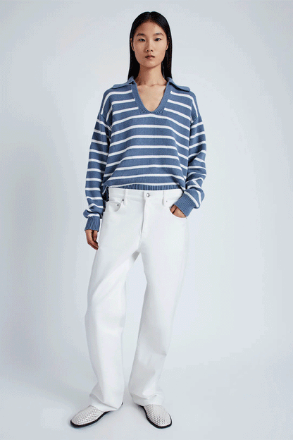 Stripe Murphy Sweater in Cotton Cashmere - Slate/Chalk