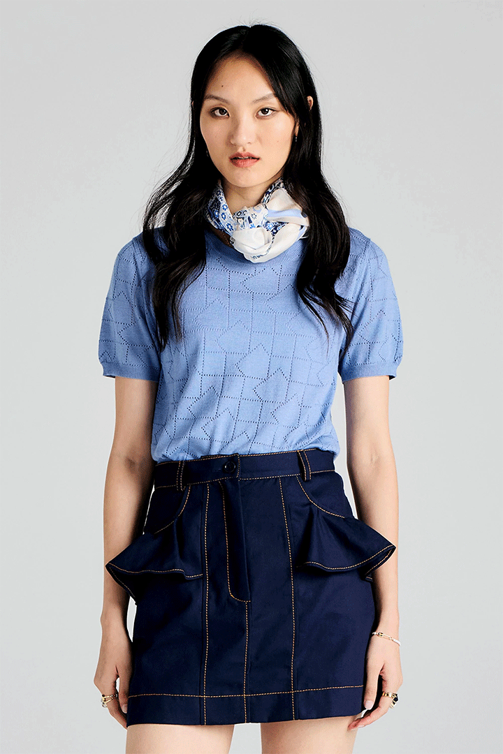 Monogram Pointelle Knit Tee Light Blue