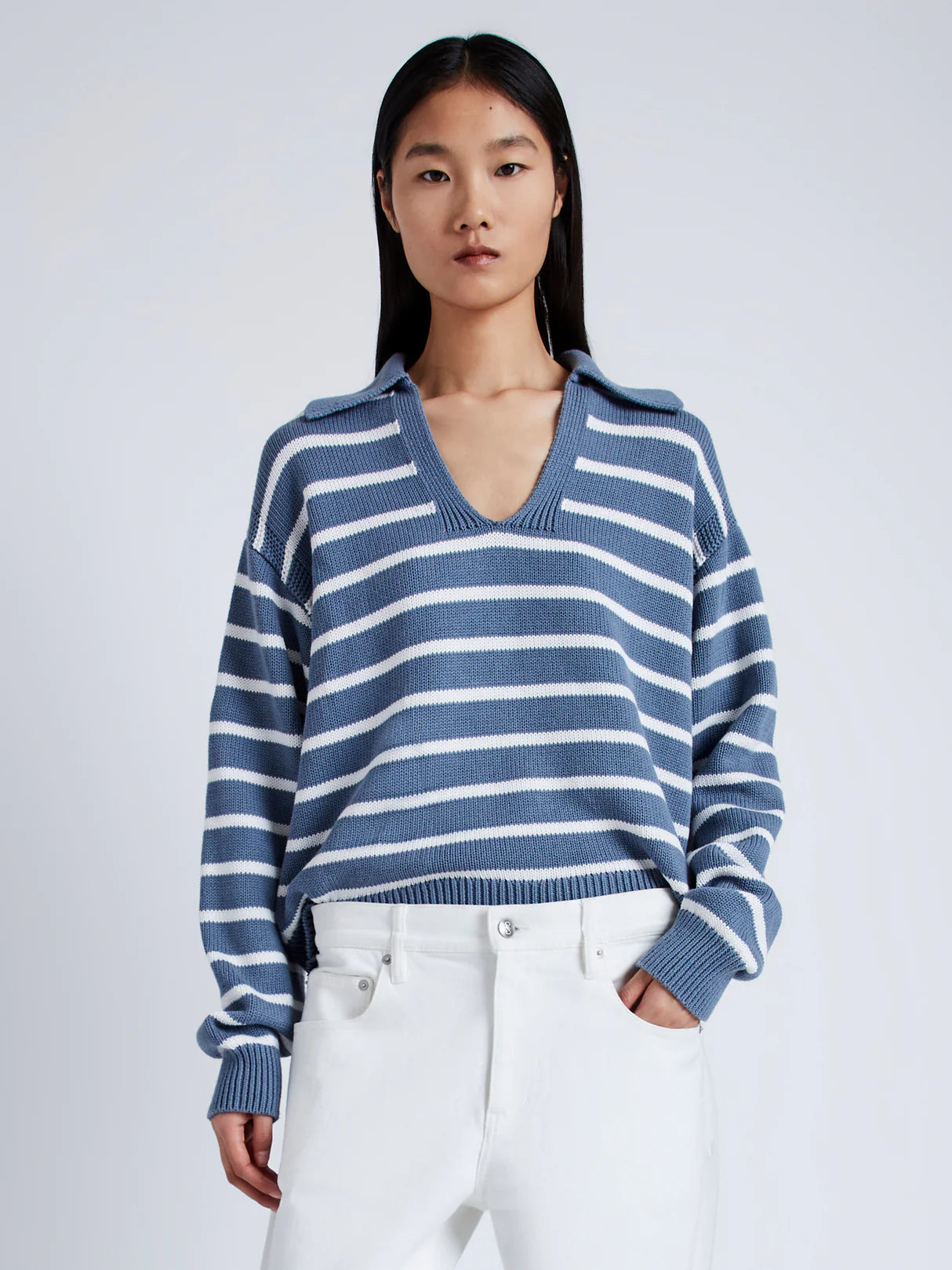 Stripe Murphy Sweater in Cotton Cashmere - Slate/Chalk