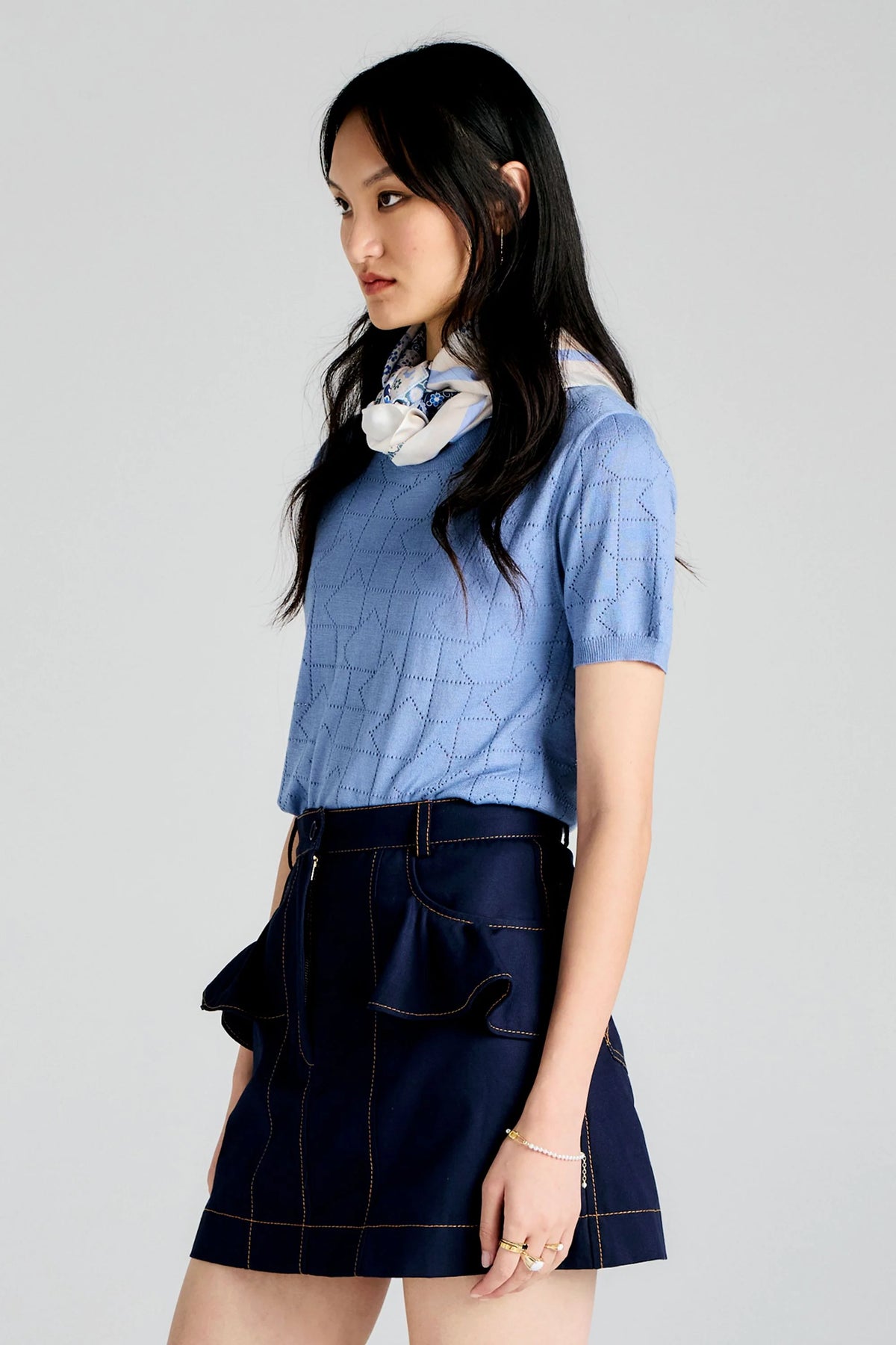 Monogram Pointelle Knit Tee Light Blue