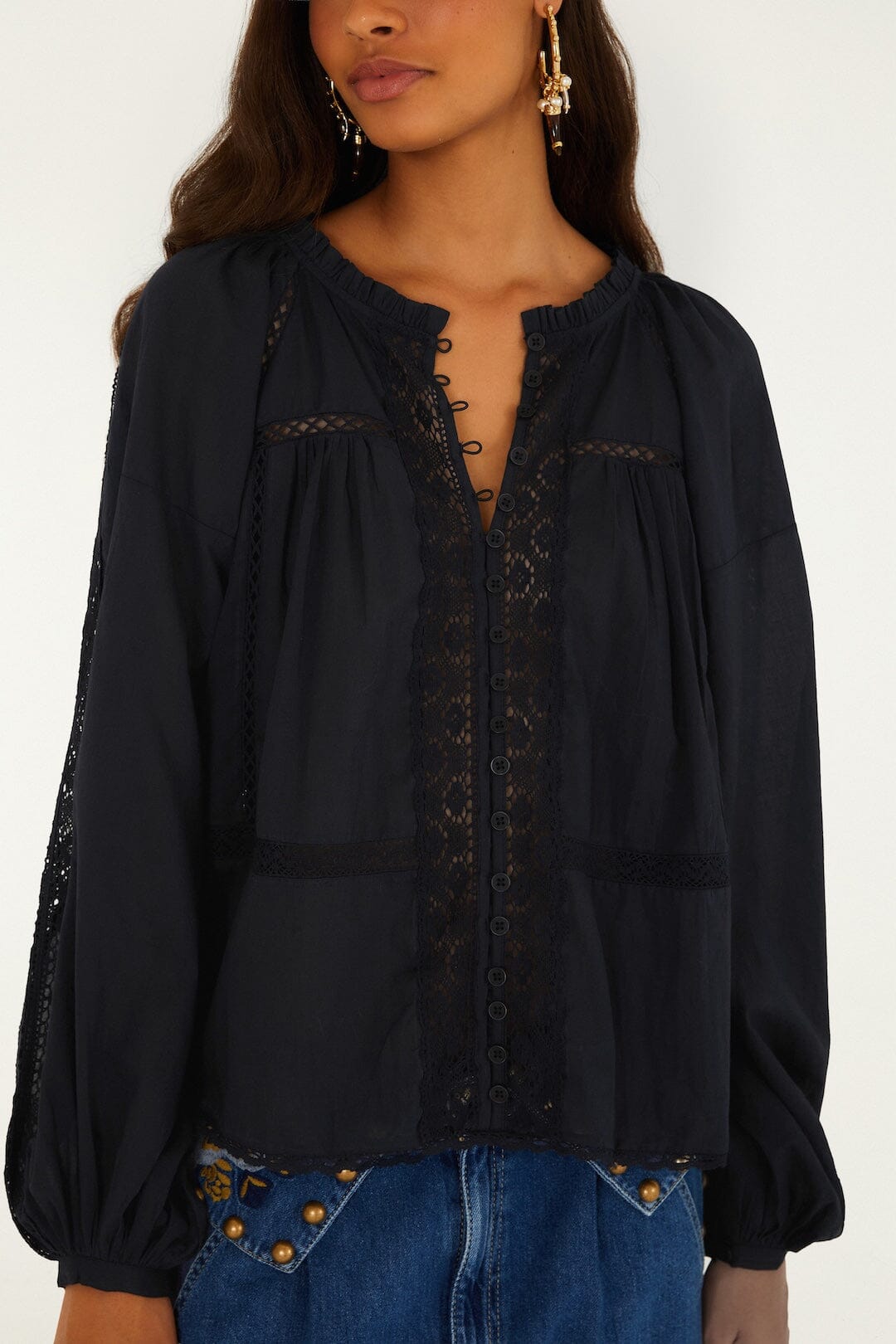 Boho Lace Long Sleeve Blouse Black